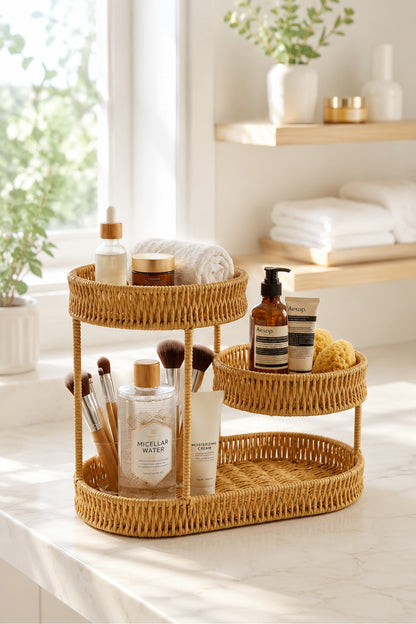 3 Katlı Rattan Organizer Sepet Meyvelik, Makyaj Organizeri, Banyo ve Mutfak Düzenleyici, Dekoratif Hasır Stand