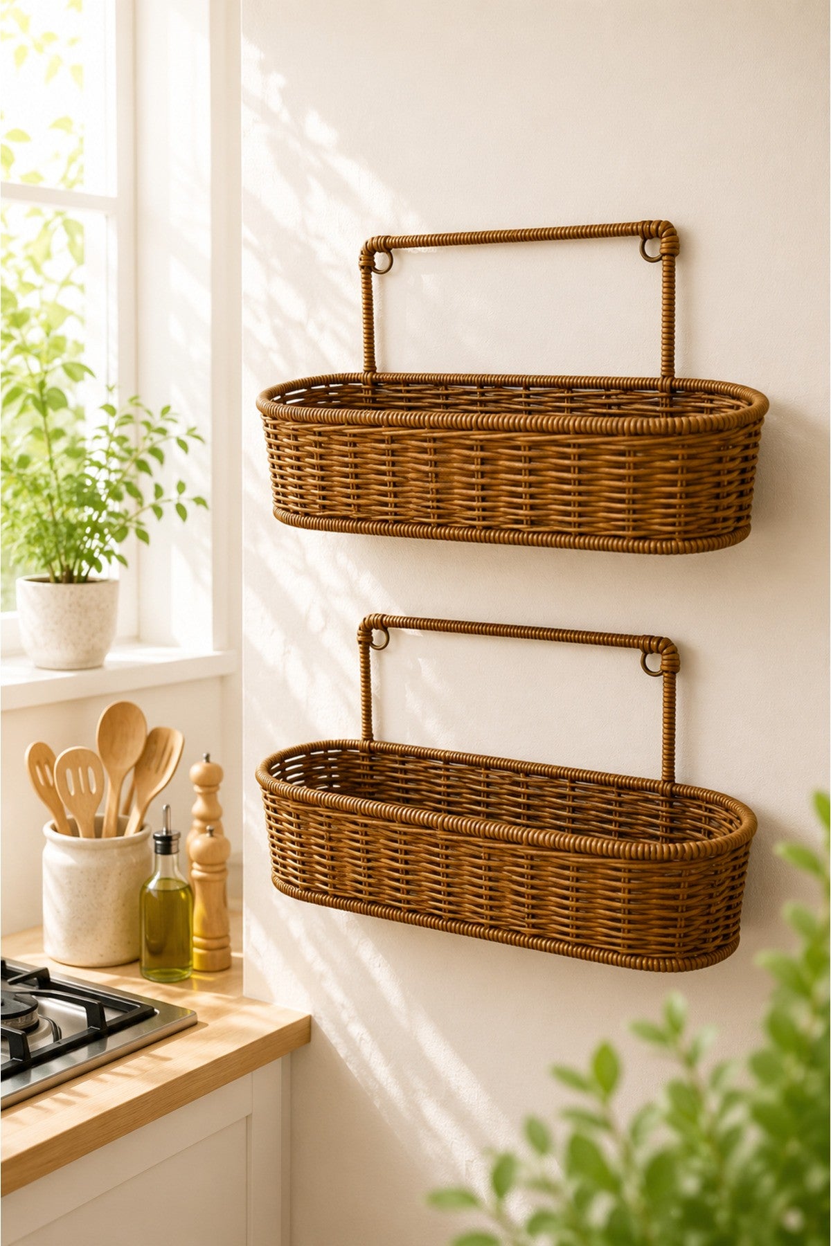 2'li Rattan Hasır Duvar Sepeti Dekoratif El Örgüsü Duvara Monte Organizer ve Saksılık