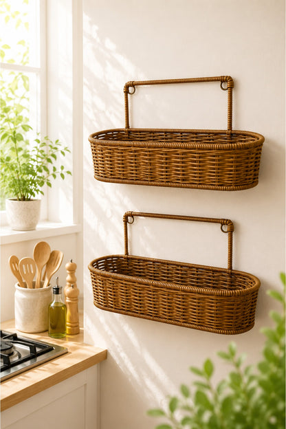 2'li Rattan Hasır Duvar Sepeti Dekoratif El Örgüsü Duvara Monte Organizer ve Saksılık
