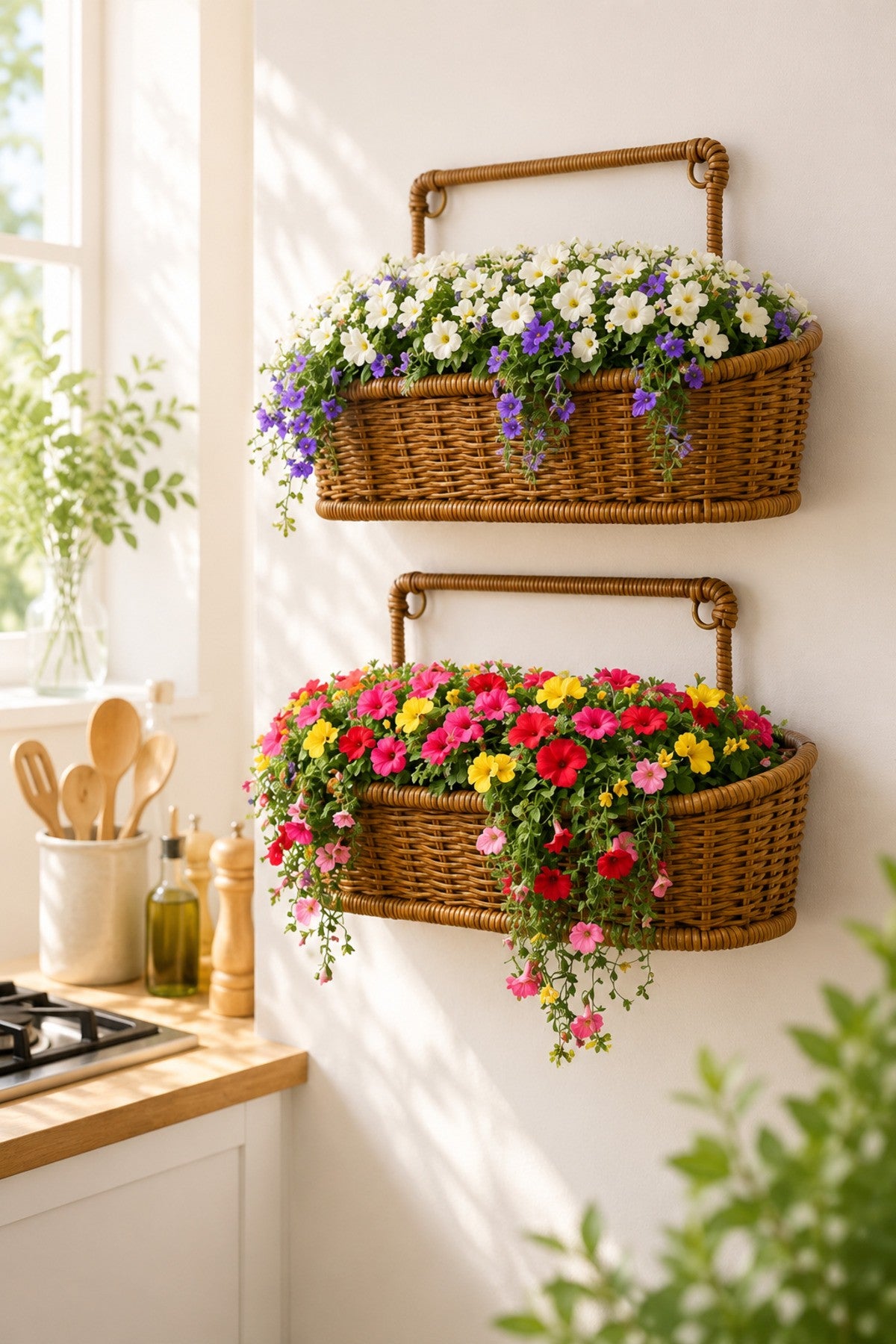 2'li Rattan Hasır Duvar Sepeti Dekoratif El Örgüsü Duvara Monte Organizer ve Saksılık