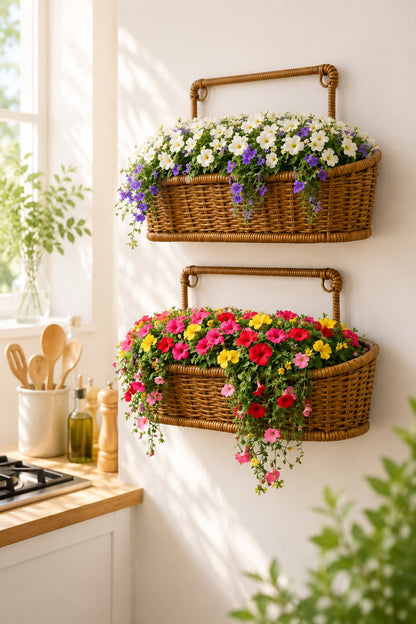 2'li Rattan Hasır Duvar Sepeti Dekoratif El Örgüsü Duvara Monte Organizer ve Saksılık