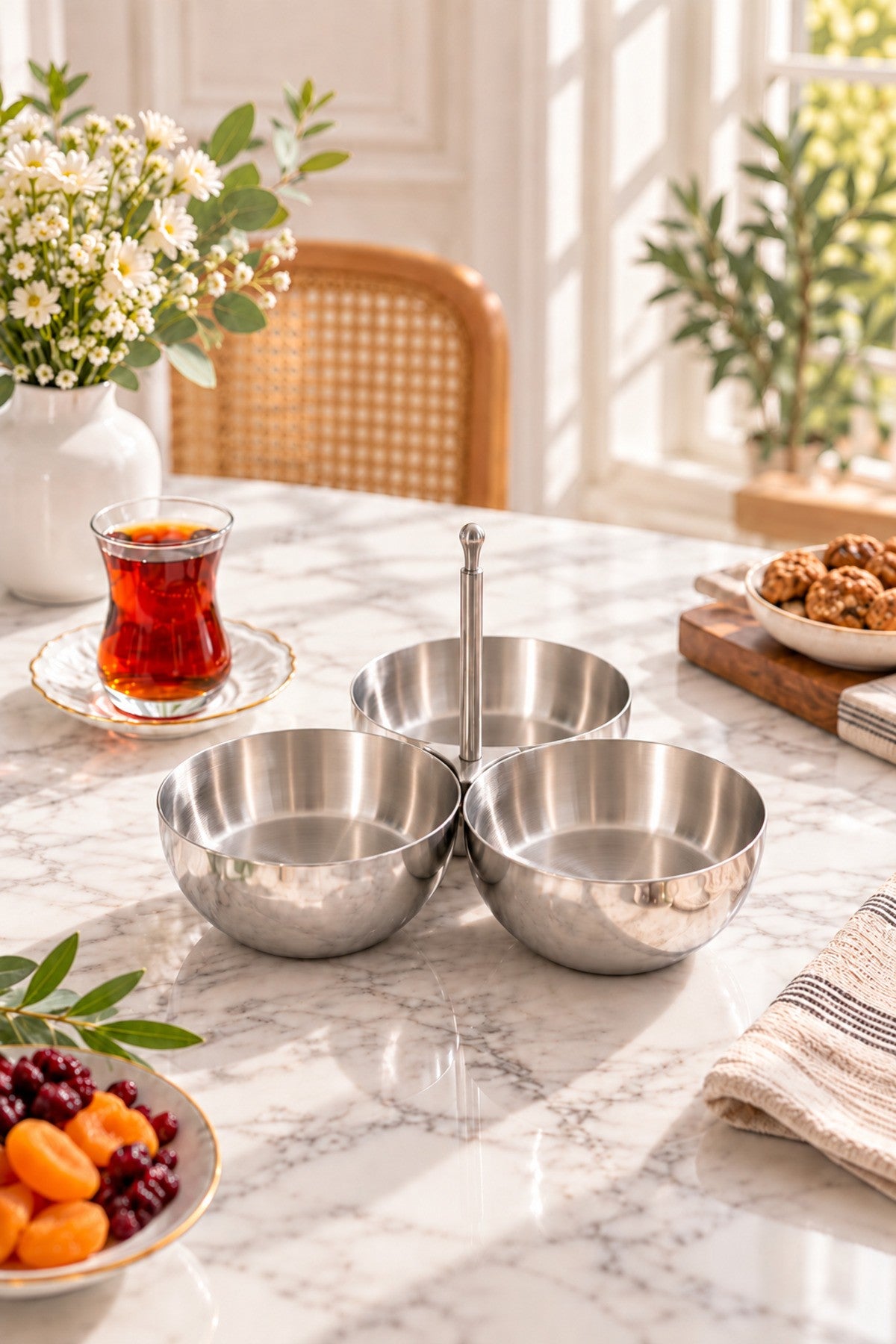 3'lü Paslanmaz Çelik Çerezlik ve Kuruyemişlik – Parlak Metal Saplı Reçellik, Kahvaltılık, Çerez ve İkram Sunum Kasesi