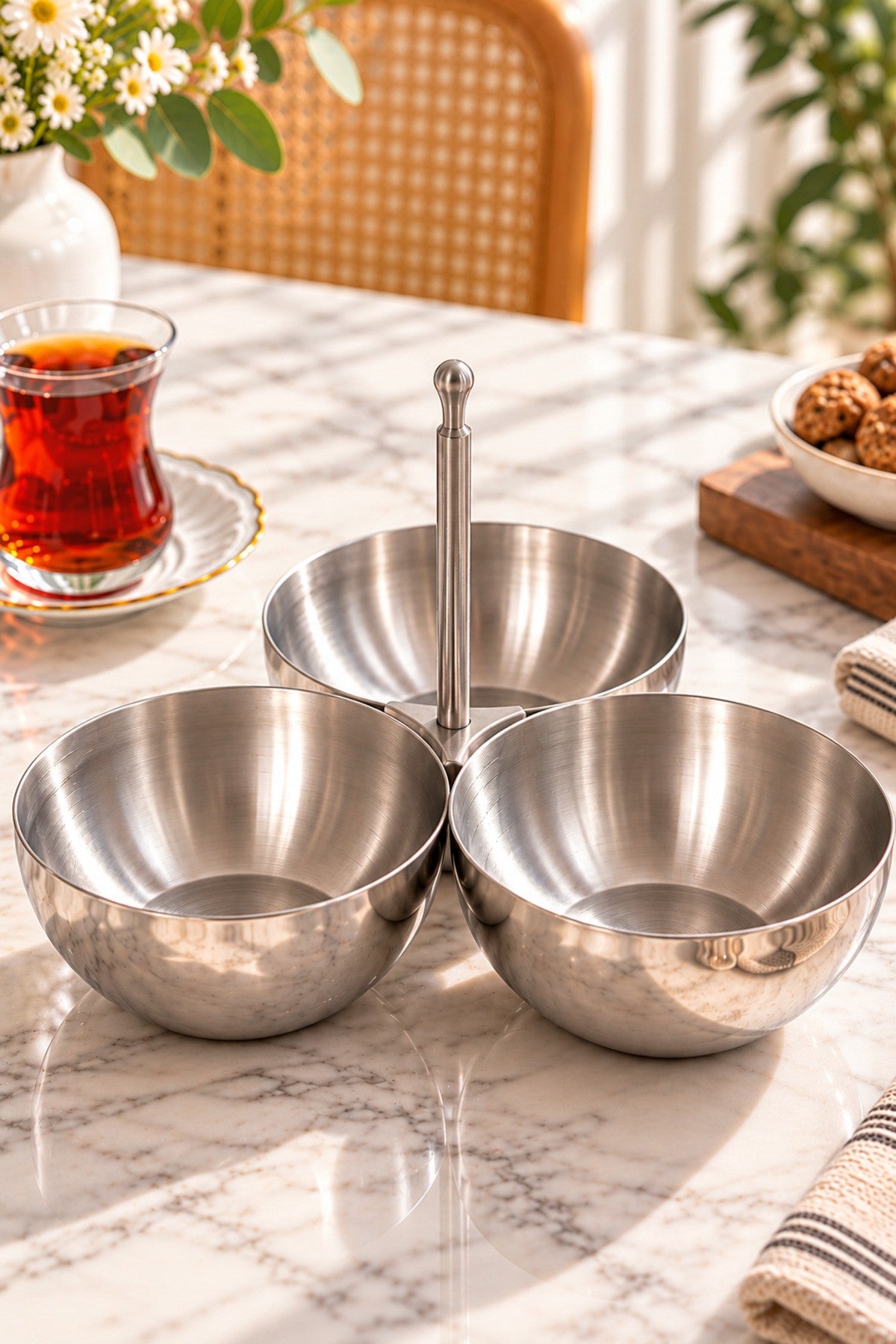 3'lü Paslanmaz Çelik Çerezlik ve Kuruyemişlik – Parlak Metal Saplı Reçellik, Kahvaltılık, Çerez ve İkram Sunum Kasesi