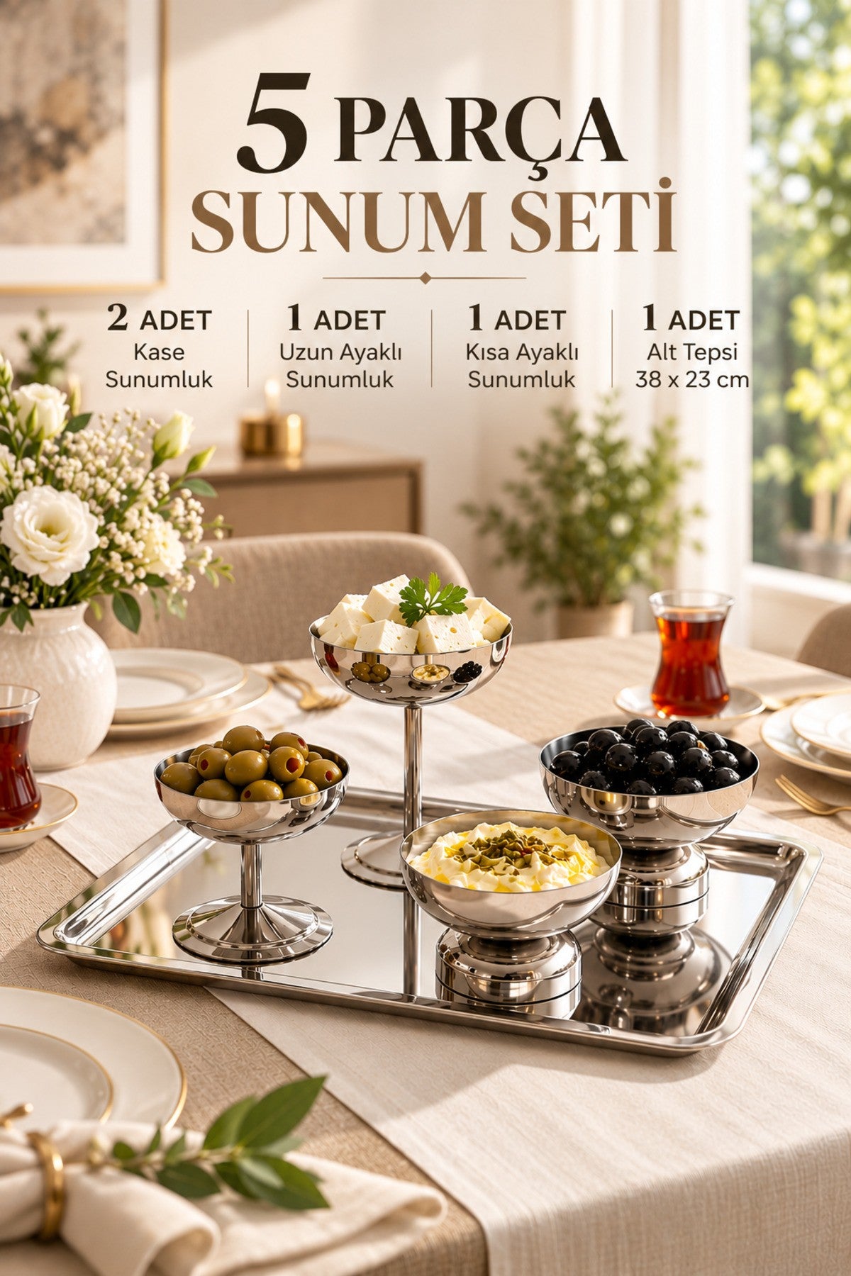 5 Parça Paslanmaz Çelik Lüks Sunum Takımı – Ayaklı Kase ve Dikdörtgen Tepsili Kahvaltılık, Reçellik, Çerezlik Seti