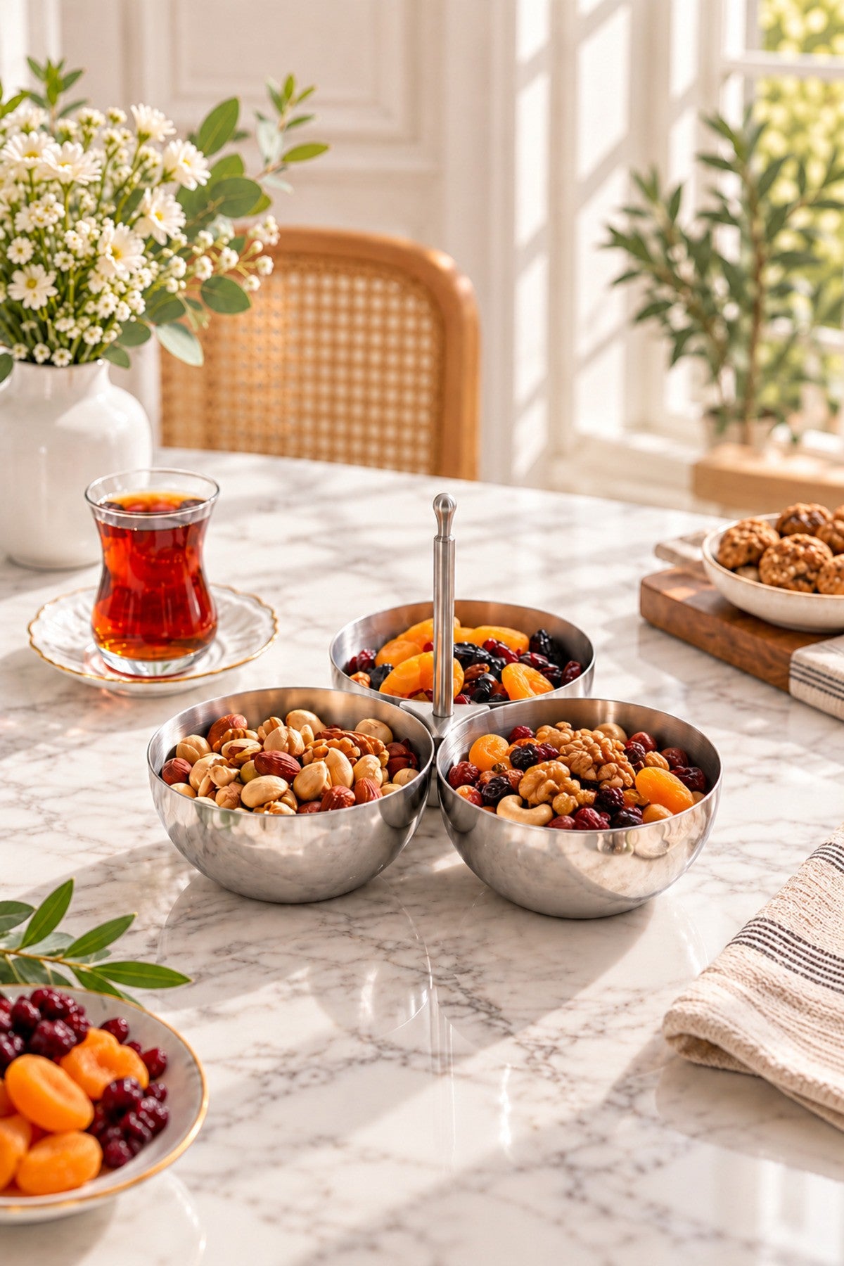 3'lü Paslanmaz Çelik Çerezlik ve Kuruyemişlik – Parlak Metal Saplı Reçellik, Kahvaltılık, Çerez ve İkram Sunum Kasesi