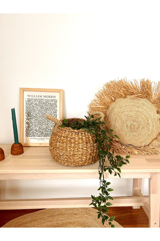 Hasır Örme Kulplu Çok Amaçlı Orta Boy Sepet/Saksılık/Düzenleyici