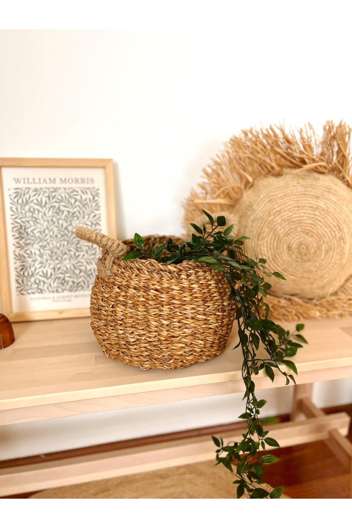 Hasır Örme Kulplu Çok Amaçlı Orta Boy Sepet/Saksılık/Düzenleyici