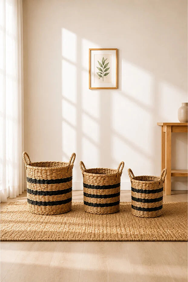 3'Lü Hasır Seagrass Kulplu Sağlam Sepet/saksılık/düzenleyici