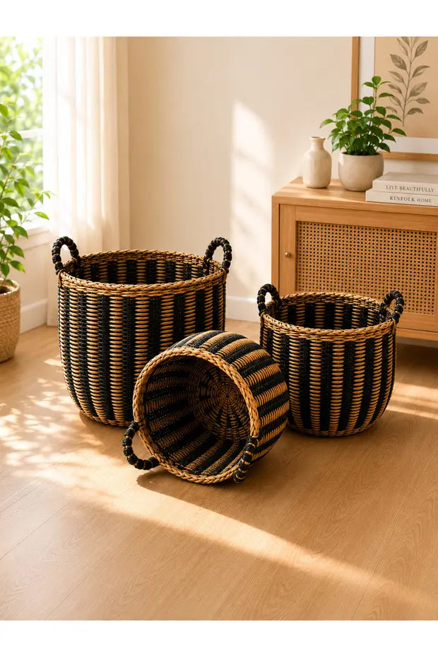 3'Lü Oval Tasarım Hasır Kulplu Sağlam Sepet/Saksılık/Düzenleyici Bohem Set