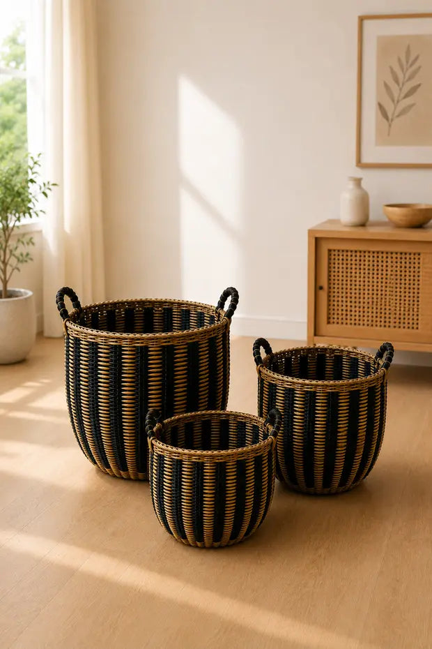 3'Lü Oval Tasarım Hasır Kulplu Sağlam Sepet/Saksılık/Düzenleyici Bohem Set