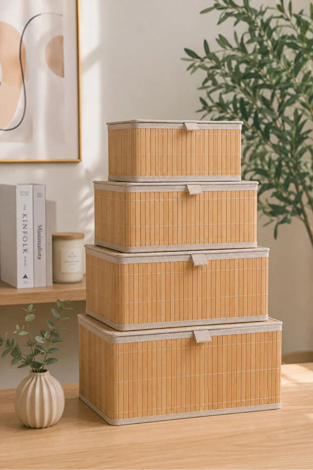 4'Lü Bambu Çok Amaçlı Kapaklı Sepet/ Düzenleyici/ Organizer