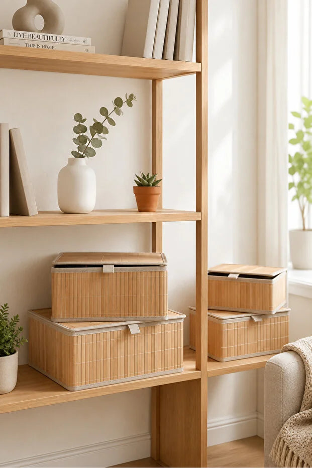 4'Lü Bambu Çok Amaçlı Kapaklı Sepet/ Düzenleyici/ Organizer