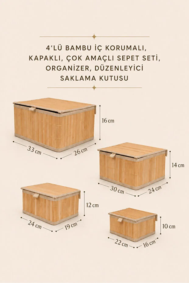 4'Lü Bambu Çok Amaçlı Kapaklı Sepet/ Düzenleyici/ Organizer